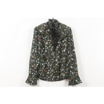 꽃패턴 반목리본 어깨소매 플리츠 뒷단추 블라우스(S)