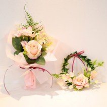 핸드메이드 코랄로즈 미니조화 꽃다발+리스 세트 납골당 꾸미기, 03_핑크+큐방2개