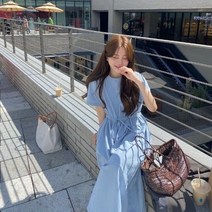 롱청스커트 데님치마 캉캉 여성 프레시 걸 프렌치 스타일 라운드 넥 레이스 업 드로스트링 허리 포옹 반팔 드레스 기질 롱 스커트 여름