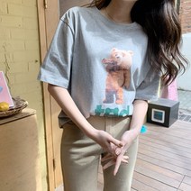코지 여자 여름 시밀러룩 꾸안꾸 캐릭터 곰 포인트 반팔티셔츠