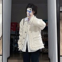 여성 트위드 점퍼 여성위한 미색 술 운 스타일 재킷 한국 초봄 특대 샤기 탑
