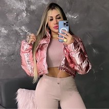 여자 하이넥 집업 메탈릭 유광 크롭 패딩 자켓 중학생 고등학생 20대 스트릿 핑크