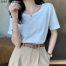 JUST FEEL!NG 빅사이즈 여름 여성 루즈핏 라운드 데일리 반팔 면티 편한 패션 상의 단체복