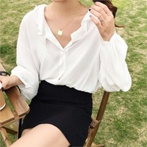 드레스날다 실키한느낌 퍼프소매 프릴넥 쉬폰 블라우스 mbl1184
