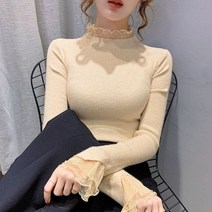 프릴니트 레이스 프릴넥 니트티 겨울 폴카 도트 긴팔 니트 하프 하이넥 풀오버 스웨터 블라우스