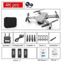미니 E88 드론 4k HD 듀얼 카메라 시각적 포지셔닝 1080P 와이파이 FPV 높이 보존 RC 쿼드콥터 장난감, CHINA, 12 4k 3 battery