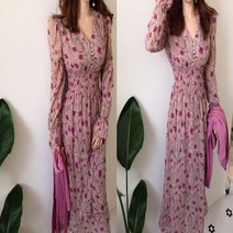 화사한 봄 플라워 롱 원피스 러블리 브이넥 스모그 허리 밴딩 꽃무늬 여름 잔꽃 긴팔 여성 오버 편한 우아한 정장 캐주얼 홈웨어 이지 웨어 비치 호캉스 휴가 30대 40대 차박