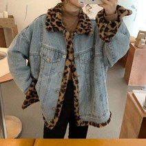꽃소담 Leopard grain cotton suit ZYZC11298 양측은 데님 코트 여성 2021 가을과 겨울 새로운 한국 스타일 느슨한 양고기 깃털 레오파드 프린트 코트를 입습니다.