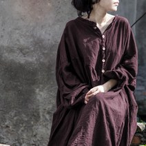 여성 빈티지 오버핏 긴팔 린넨 롱 원피스 빅사이즈