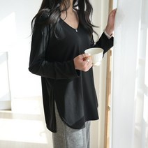 데일리앤 버번 여성 루즈핏 언발 트임 긴팔 롱 티셔츠