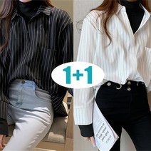 꽃소담 1+1 여성용 반폴라 레이어드 줄무늬 시폰 긴팔 셔츠 QQJ571