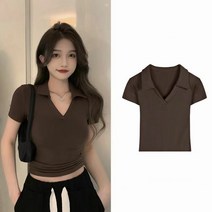 SJW 여성 크롭 반팔티 브이넥 슬림핏 티셔츠 무지티 쫄티 상의 베이직 봄 여름