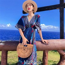 Makone플라워 쇼트 원피스민족풍 비치 스커트 여자 삼아 해변 리조트 보헤미안 롱스커트