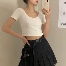 여성 반팔티 티셔츠 슬림 핏 반소매 여자반팔티셔츠 크롭 T 스퀘어 넥 인박카041