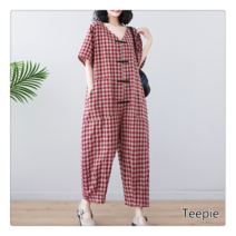 티피/Teepie 여성 캐주얼 버클 브이넥 반팔 점프슈트