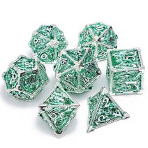 DND 금속 주사위 세트 다면체 던전 앤 드래곤 할로우 7피스 RPG MTG 테이블 보드 롤 플레이 게임에 적합 USA 미국, Creoso Silver Green