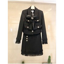 트위드 손담비 2020 가을 2 피스 세트 여성 겨울 보우 자켓 코트 우아한 미니 술 펜슬 울 블렌드 스커트 정장 | 드레스 슈트