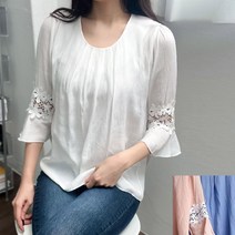 [프롬제니] 셔딘 플라워 레이스 나팔 7부 소매 주름 블라우스 노카라 라운드 셔링 얇은 여름 화이트 흰색 소라색 핑크 아일렛 베이비돌 뒷셔링 러플 프릴