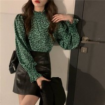 안나리야 하이넥 쉬폰 프릴 레오파드 패턴 호피 블라우스 SY