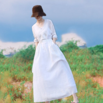 모시 린넨 복고풍 플레어 5부소매 롱 원피스 여름 시원한 단아한 여성 원피스