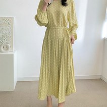 비비올라 / 라임 복고 땡땡이 도트 빅사이즈 플리츠 맥시 롱 원피