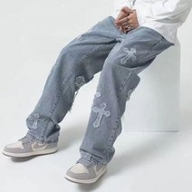 남성청바지 Streetwear Hip Hop Low Rise Baggy Jeans For Men Korean Y2k Fashion Trousers Cross Denim Pants