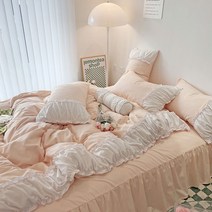 겨울 침구 세트 빈티지 심플 순색 플라워 레이스 귀여운 캐릭터 싱글 더블 침대 정전기 방지 침구 커버 4종세트(이불 커버+침대 시트+베개커버2p) CS-1124