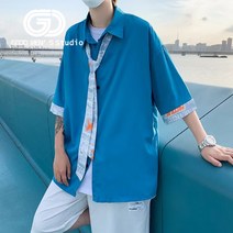 여름 남성 커프 패턴 넥타이 반팔 셔츠 한국어 버전 트렌드 새로운 티셔츠 느슨한 캐주얼 셔츠 편안한 모든 경기 재킷 단색 심플 패션 잘 생긴 탑