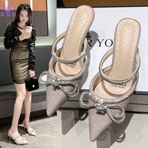 셀럽당 여성용 큐빅리본 스틸레토 뮬 힐 7cm