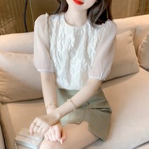 여름 프렌치 진주 원목 귀 벌룬 반팔 레이스 블라우스 여