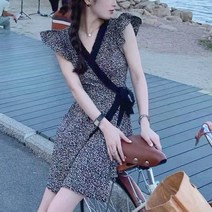 스타일아유 여성 여름 배색 랩 브이넥 잔꽃 꽃무늬 플라워 나염 프릴 캡소매 미니 원피스 휴양지 비치 휴양지