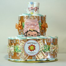 기저귀케이크2단 쥬시베베 하기스기저귀28개+양말+무형광손수건 포함 완성품, 여아용_3단계_백일이후용