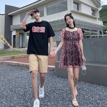플라워 매쉬 커플룩 20대 30대 여름 커플티 웨딩 촬영 사복 시밀러룩 신혼여행 바캉스룩