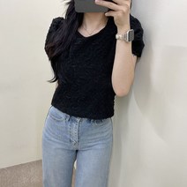 VANANA2 여성 쟈가드 엠보 어깨 퍼프 반팔 블라우스 4color