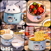 캐릭터 도자기 예쁜 고양이 면기 손잡이 뚜껑 그릇 라면 컵라면 우동 국수 덮밥 일본, 3번