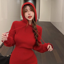 베러댓걸 여성용 가을 겨울 망토 가오리핏 라이드 후드 도톰 니트 미니원피스
