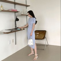 여성 롱 원피스 드레스 하객 데일리 물결 반팔 골지