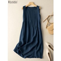 린넨 원피스 마 빅사이즈 롱 리넨 여름 O넥 민 캐주얼 미디 드레스 ZANZEA 빈티지 여성 패션 솔리드 코튼 베스티도 사라판 홀리데이 비치 선드레스