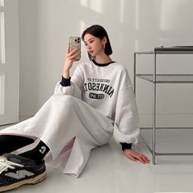 퍼니걸스 5719 루즈핏 배색 라운드 레터링 기모 롱 원피스 여성의류