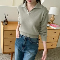 여자 모찌 오픈 둥근카라넥 크롭 루즈핏 긴팔 니트