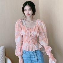긴소매 가을 원기 러블리 스트랩 스퀘어넥 와이셔츠 허리보정 슬림핏 숏 상의 여성의류 729699012