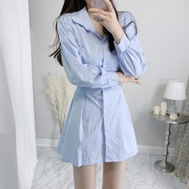 코튼 카라 핀턱 허리끈 리본 셔츠 원피스