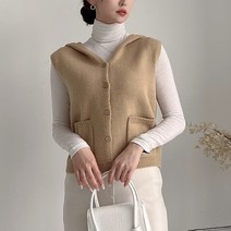 뜨개진 여성용 쫀쫀 포켓 오픈 니트 후드 트리클 베스트