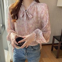 핏 샤랄라 블라우스 플라워 핑크 여성 루즈 셔츠
