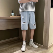 남성 청반바지 여름 남신상 와이드 스트레이트통 찢어진 블루 5부 팬츠 뉴타임즈 C16 W811M594