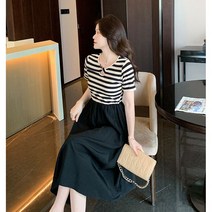 원피스 블랙화이트 스트라이프 반팔 원피스 여름 여성 루즈핏 날씬해 보이는 롱 원피스