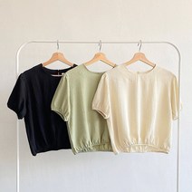 시원한 기본 링클 예쁜 주름 스모킹 베이지 카키 셔링 지지미 라운드 크롭 반팔 블라우스