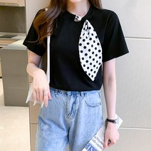SURBORT패션 폴카 도트 실크 스카프 나비 넥타이 티셔츠 반팔 느슨한 탑