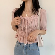 더핑크 / [더핑크] 뮤어 스퀘어 셔링 리본 반팔 블라우스