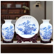 동양풍 장식접시 산수화 말그림 생활풍수 금전운 도자기 화병세트, 두루미 3종세트